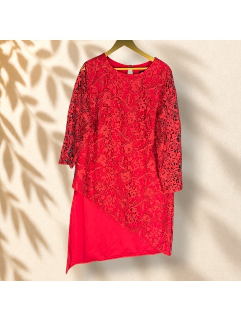 Ashro Dress Women 16W Plus Red Floral Crochet Shift Midi Hook & Eye Long Sleeve